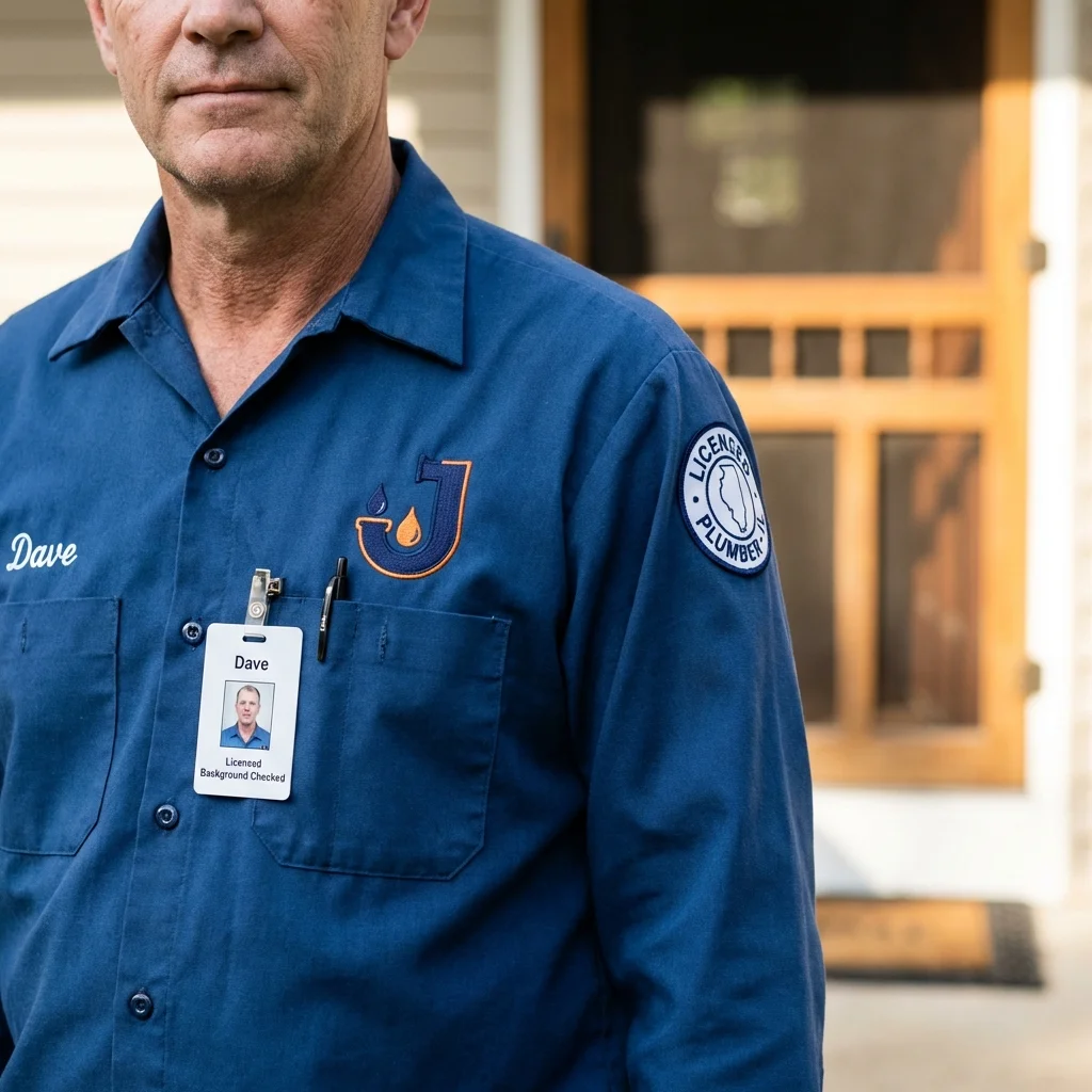 Licensed plumber showing ID badge in New York Mills, MN