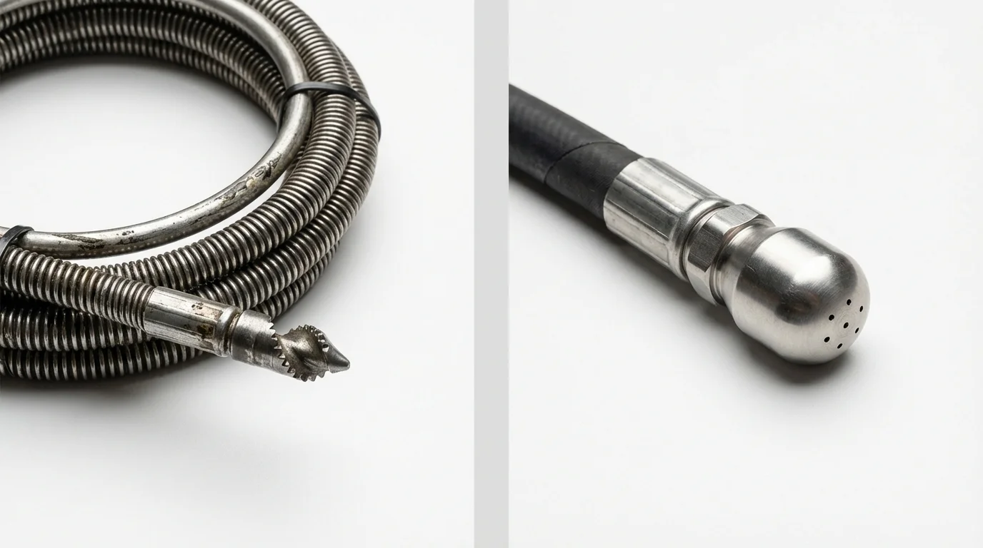 Drain snake cable and hydro jetting nozzle used for drain cleaning in New York Mills, MN