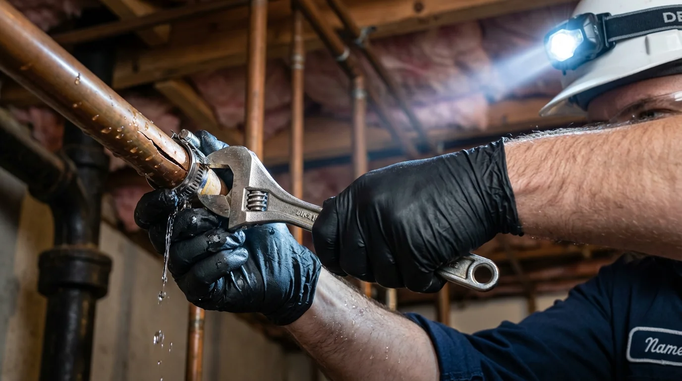 Emergency pipe clamp repair being performed by a Johns Plumbing LLC plumber in New York Mills