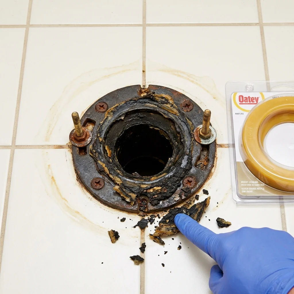 Failed wax ring showing water seepage at the base of a toilet in a New York Mills, MN home