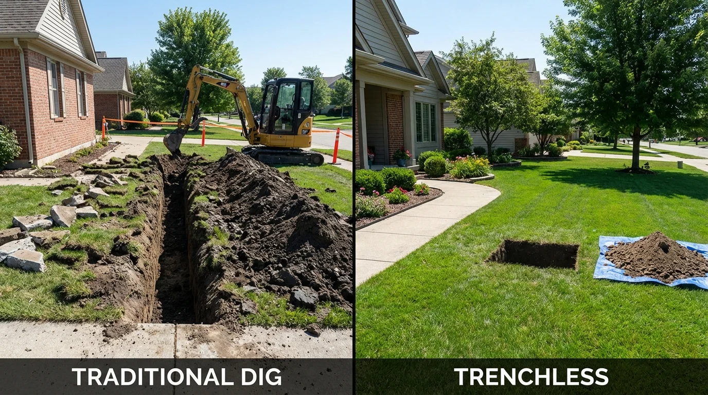 Trenchless sewer repair with minimal yard damage versus traditional excavation in New York Mills, MN