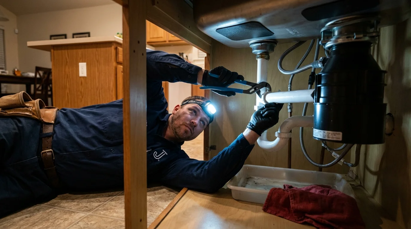 P-trap and supply line connections under a kitchen sink showing a common leak point in New York Mills, MN
